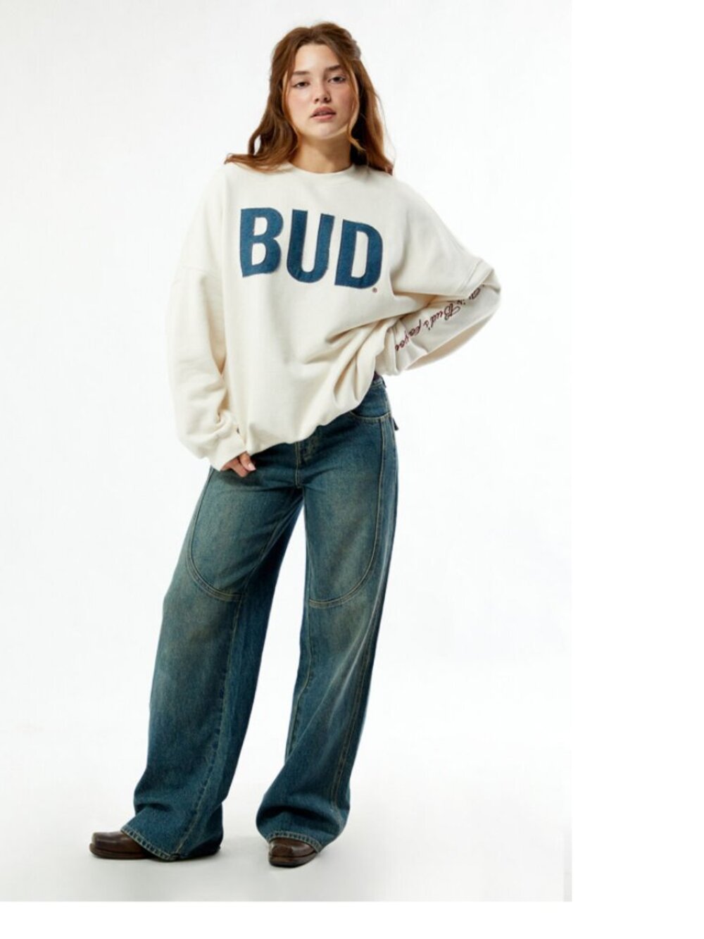 Budweiser PacSun BUD Denim Crewneck Sweatshirt XS Off White Graphic